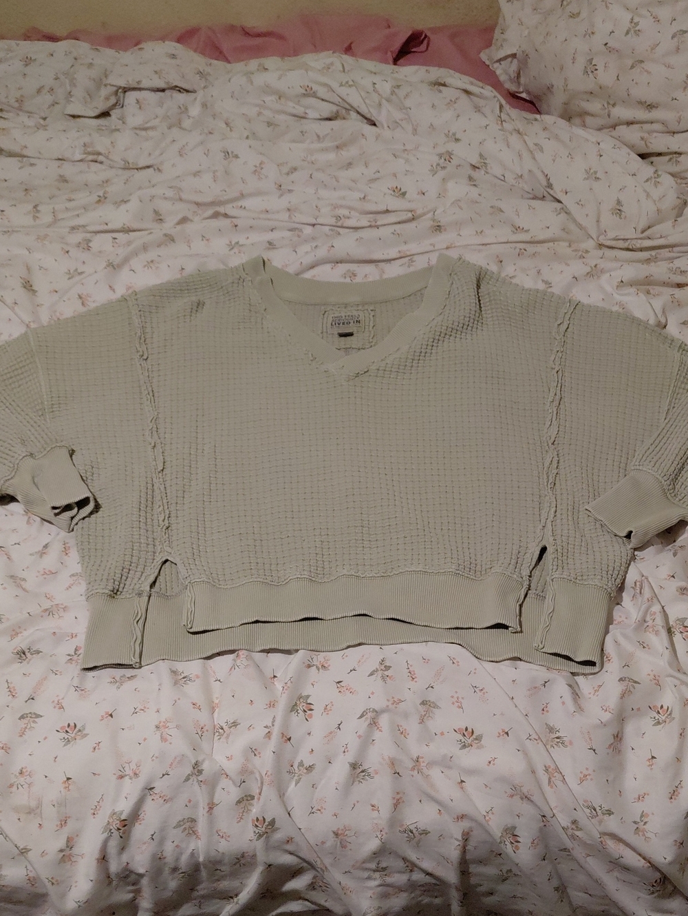 American Eagle Outfitters Sage Waffle Knit Cropped Sweatshirt